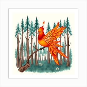 Flaming Bird In The Forest Art Print