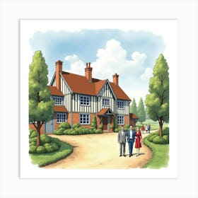 Watercolor Depiction Of An English Countryside Inn With Guests Arriving 1 Art Print