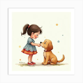 Spanish Girl Playing With A Puppy, Watercolor With Joyful Playfulness 1 Art Print