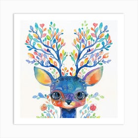 Blue Deer Tree Forest Nursery Wall Art Art Print