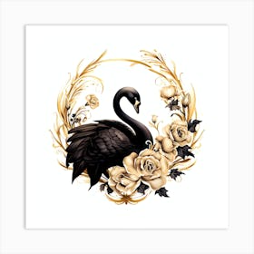Black Swan With Roses Art Print