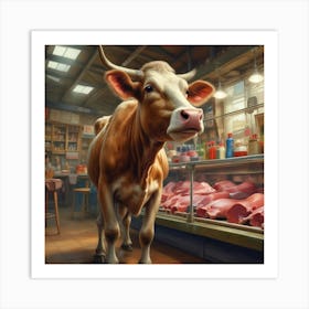 Happy Cow In A Butcher Shop Art Print