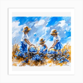 Three Girls Picking Blue Flowers Art Print