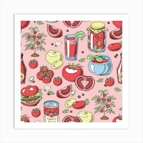 Tomato Seamless Pattern Juicy Tomatoes Food Sauce Ketchup Soup Paste With Fresh Red Vegetables Backdrop Illustration Organic Ingridients Vegetarians Diet Background Art Print