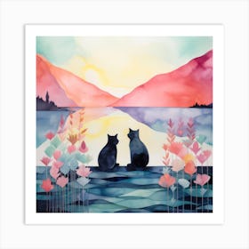 Cats Together At Lake Sunset Art Print