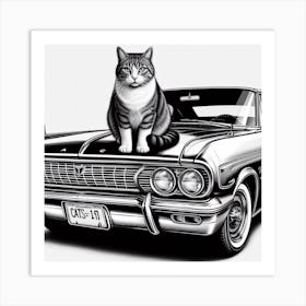 Cat and Car: A Cozy and Stylish Black and White Photograph of a Cat and a Classic Car Art Print