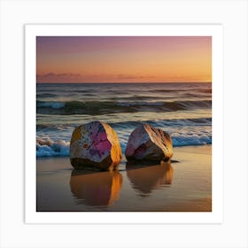 Rocks On The Beach At Sunset Art Print