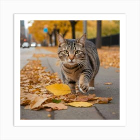 Cat Walking In Autumn Leaves 1 Art Print