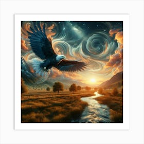 3 Dimensional Eagle Flying Over A Field Creek Sunset Clouds Swirling 3 Art Print