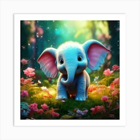 Firefly 3d, Animated, Cute, Little, Round, Turquoise, Elephant, Baby, Forest, Pink Flowers, Whimsica (4) Art Print