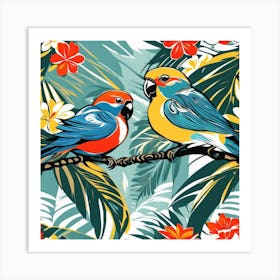 Colorful Parrots On A Branch Art Print