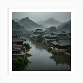 Chinese Village In Fog Art Print