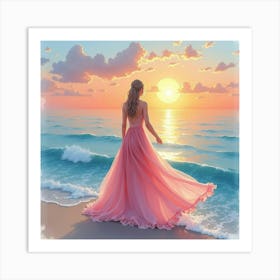 Mesmerizing Dress In Watercolor, With A Tranquil Seaside Sunset 1 Art Print