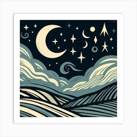 Linocut, Scandinavian Style, Night Sky with Crescent Moon Art Print