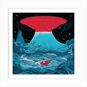 Hand Drawn Illustration Of A Fantasy Inspired Scene Unfolding Over An Endless Sea A Miniature Ufo H Art Print