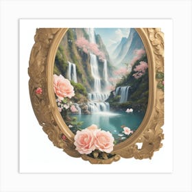 Waterfall With Roses 1 Art Print