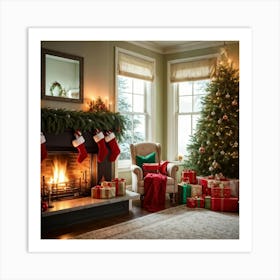 A Convivial Christmas Scene A Roaring Hearth Fireplace Illuminating The Room A Lush Evergreen Chri (6) Art Print