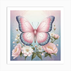 Pink Butterfly With Flowers Art Print