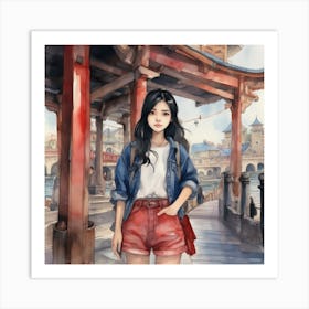 Girl In Red Shorts Art Print