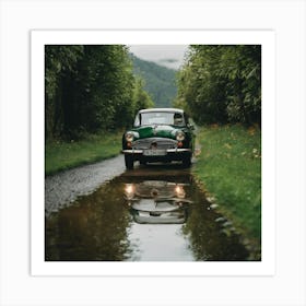 Old Car In A Puddle Art Print