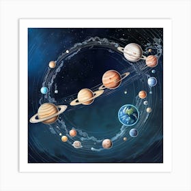 A Breathtaking, Highly Detailed Illustration Of The Universe And All Its Planets, Set Against A Deep, Starry Night Sky 3 Art Print