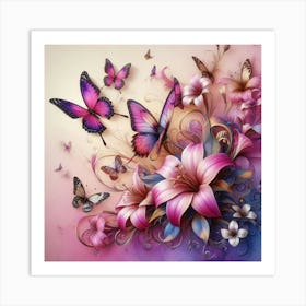 Butterflies And Lilies Art Print