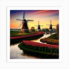 Windmills At Sunset Art Print