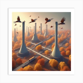 Birds Taking Off To Different Country In Autumn Isometric Digital Art Smog Pollution Toxic Wast (2) Art Print