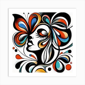 Modern Colourful Abstract Female Portrait and Butterfly Art Print