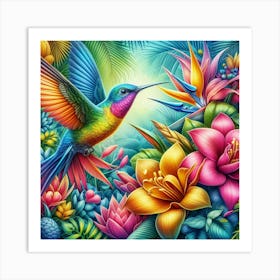 Create A Brightly Colour Image Of A Hummingbird Surrounded By Tropical Flowers Art Print