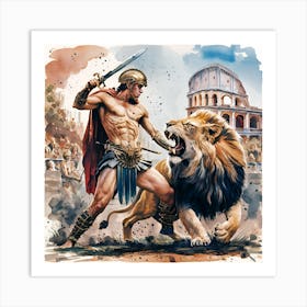 Gladiator And Lion Art Print