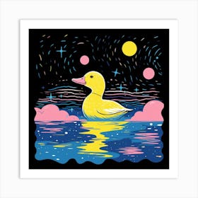 Duckling Linocut Style At Night 4 Art Print
