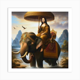 Mona Lisa rides an elephant in Thailand Art Print