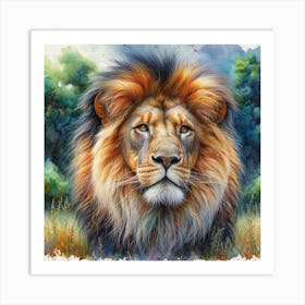 A Majestic Lion, Rendered In Vibrant Watercolours, Stands Tall And Proud Against A Backdrop Of Lush Greenery Art Print
