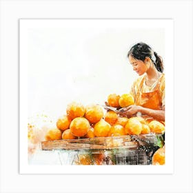 Market in Asia - Asian Woman Selling Oranges Art Print