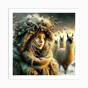 Girl With Llamas 2 Art Print