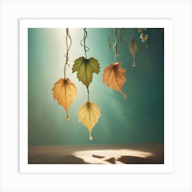 Four Leaves In Various Shades Of Green And Brown Hanging Upside Down, With Water Droplets Forming At Their Tips Against A Teal Background Art Print