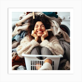 Happy Woman In Laundry Basket Art Print