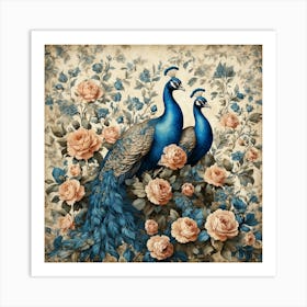 Peacocks And Roses Art Print