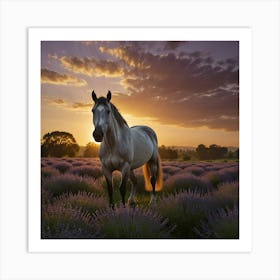 Horse In Lavender Field At Sunset 7 Art Print