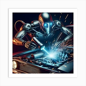 Futuristic Robot Working On Muscle Car 3 Art Print