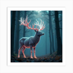 A Majestic Stag With Antlers Of Glowing, Fractal Patterns Standing In A Dreamlike Forest Art Print