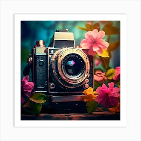 Vintage Camera With Flowers Art Print