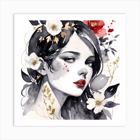 Selective Colour Portrait Of A Gorgeous Girl With Red And Gold Flower Square Format Art Print