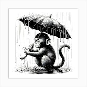 Monkey Holding An Umbrella In The Rain, Ink Drawing 3 Art Print