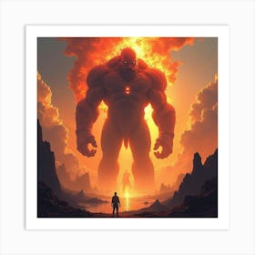 Towering Titan In A World Ablaze With Fiery Watercolor Tones 1 Art Print