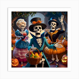 Three Skeletons In Costumes Holding Pumpkins And A Basket Art Print