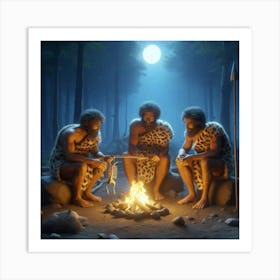 Cavemen Sitting Around A Campfire Art Print