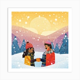 Couple Holding Hands In The Snow Art Print