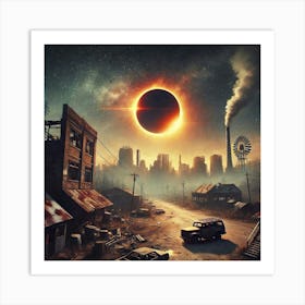 A Solar Eclipse Over A Deserted Post Apocalyptic Town (1) AI Art Print